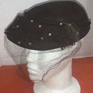 Vintage 1940’s Brown Wool Merrimac Hat w/ veil and rhinestones